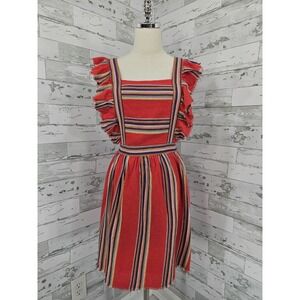 DRA Los Angeles Women M Pinafore Red Striped Dress Ruffled Shoulders